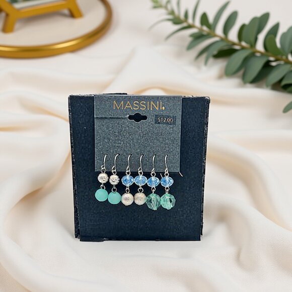 Massini Jewelry - Massini Silver Toned Fishhook Dangle Earrings - Set of 3 - Silver/Turquoise/Blue